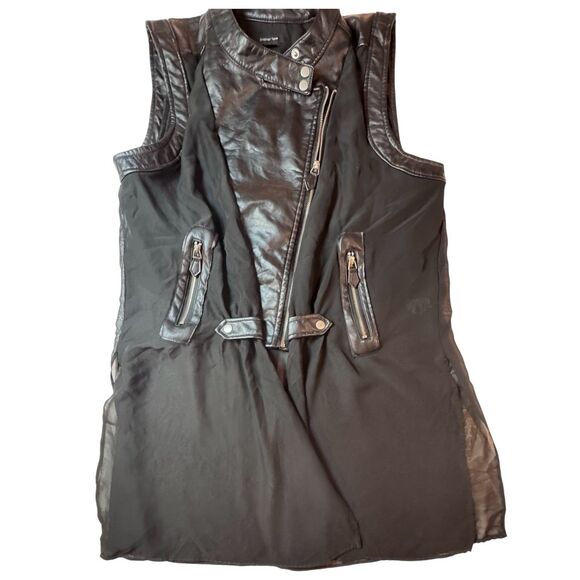 Paper Tee Women’s Faux Leather Moto Vest Long Sheer Back Layered Look Size Large - Picture 8 of 8